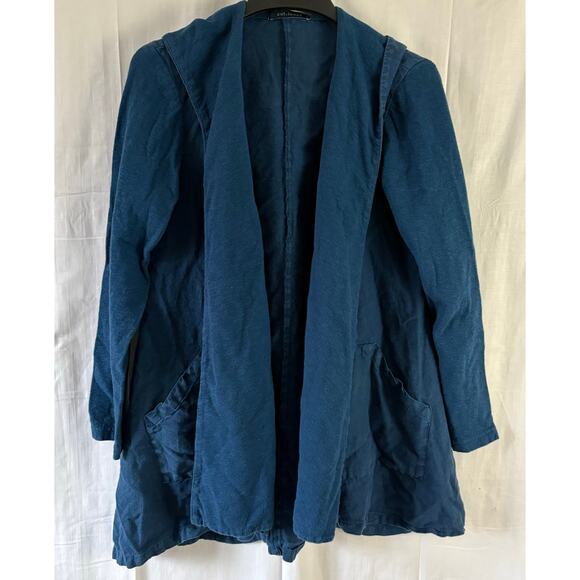 cut loose Sweaters - Cut Loose Blue Linen Blend Hooded Open Front Cardigan Pockets Size Small